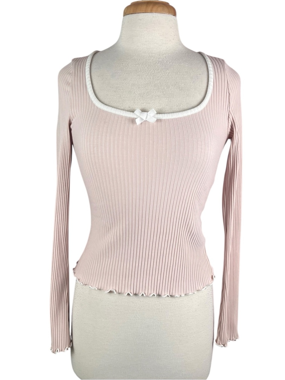 H&M Pink Baby Doll Top Womens Small Lettuce Hem Scoop Neck Y2K Long Sleeve